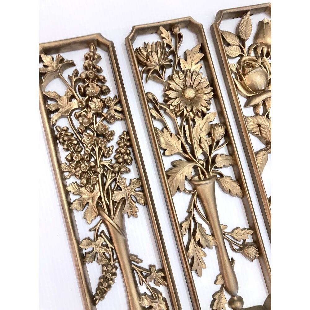 Vintage Gold Floral Wall Hanging Panels Set Of 4 Regency MCM Art- 17 In -Burwood - Picture 2 of 6